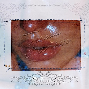 May include: A rectangular brown image featuring a close-up of lips with the embossed text "Thread Archive" centered. The image is framed by a dark blue stitched border with decorative line art flourishes and the text "EDITORIAL PAPER TEXTURES".