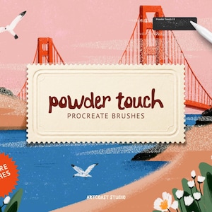 Puede incluir: Ilustración del Golden Gate Bridge con gaviotas y flores. La imagen presenta el texto "powder touch PROCREATE BRUSHES" en un marco decorativo. También son visibles un lápiz óptico y el logotipo de Procreate.