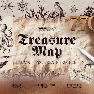 Op de afbeelding: Een advertentie voor een Procreate-penseelset genaamd "Treasure Map". De afbeelding toont een achtergrond in perkamentstijl met vintage illustraties van een octopus, uil en andere nautische elementen. De tekst luidt "Vintage Stamps Collection" en "Ultimate Procreate Brushset."