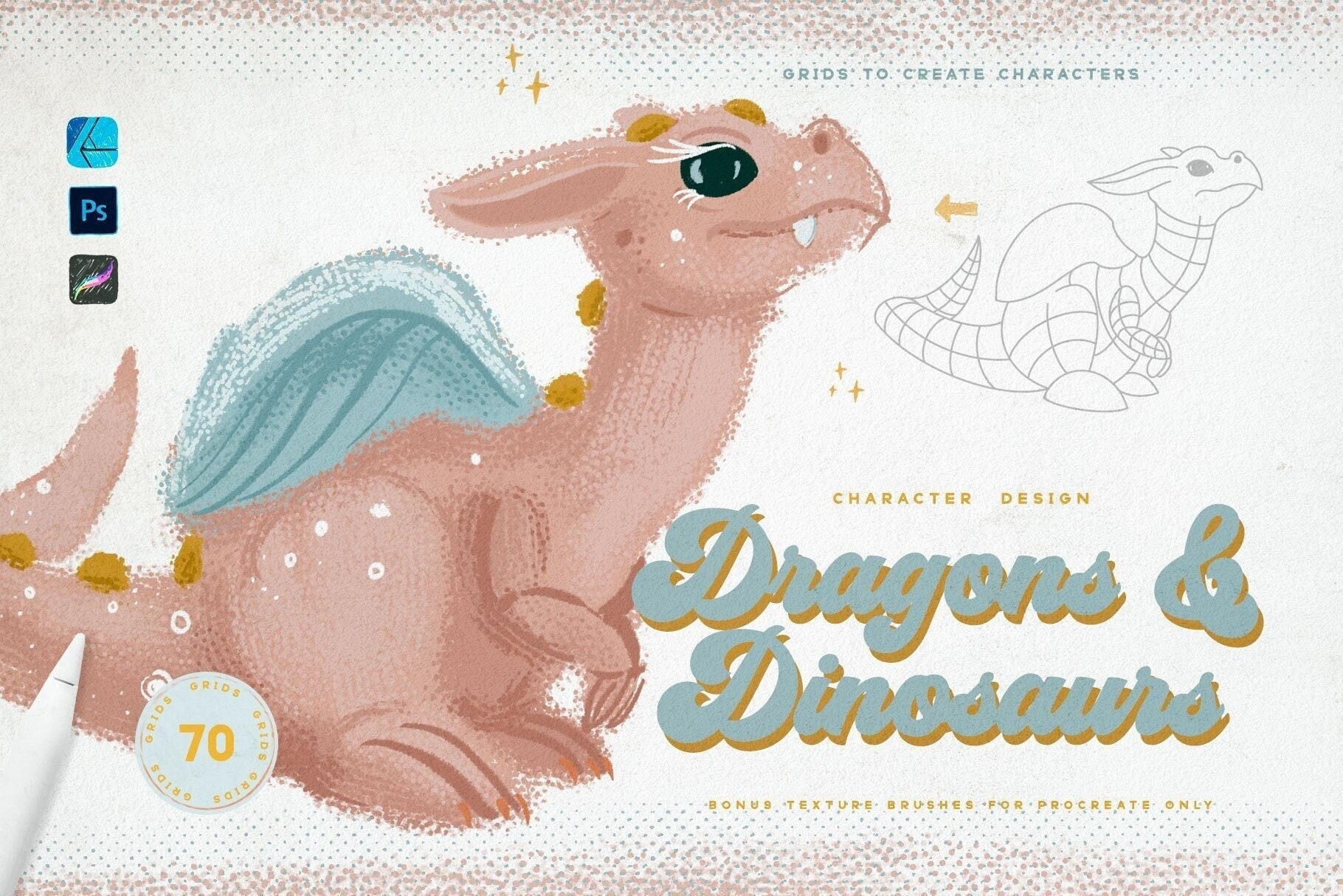 Procreate Dinosaurier- & Drachen-Stempelset mit Retro-Texturpinseln | Charakterraster-Pack