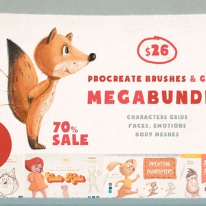 May include: A digital illustration of a fox with balloons, advertising a Procreate brush and grid megabundle for $26. The bundle includes 600 brushes, characters, grids, faces, emotions, and body meshes. The text "70% Sale" is also included in the image.