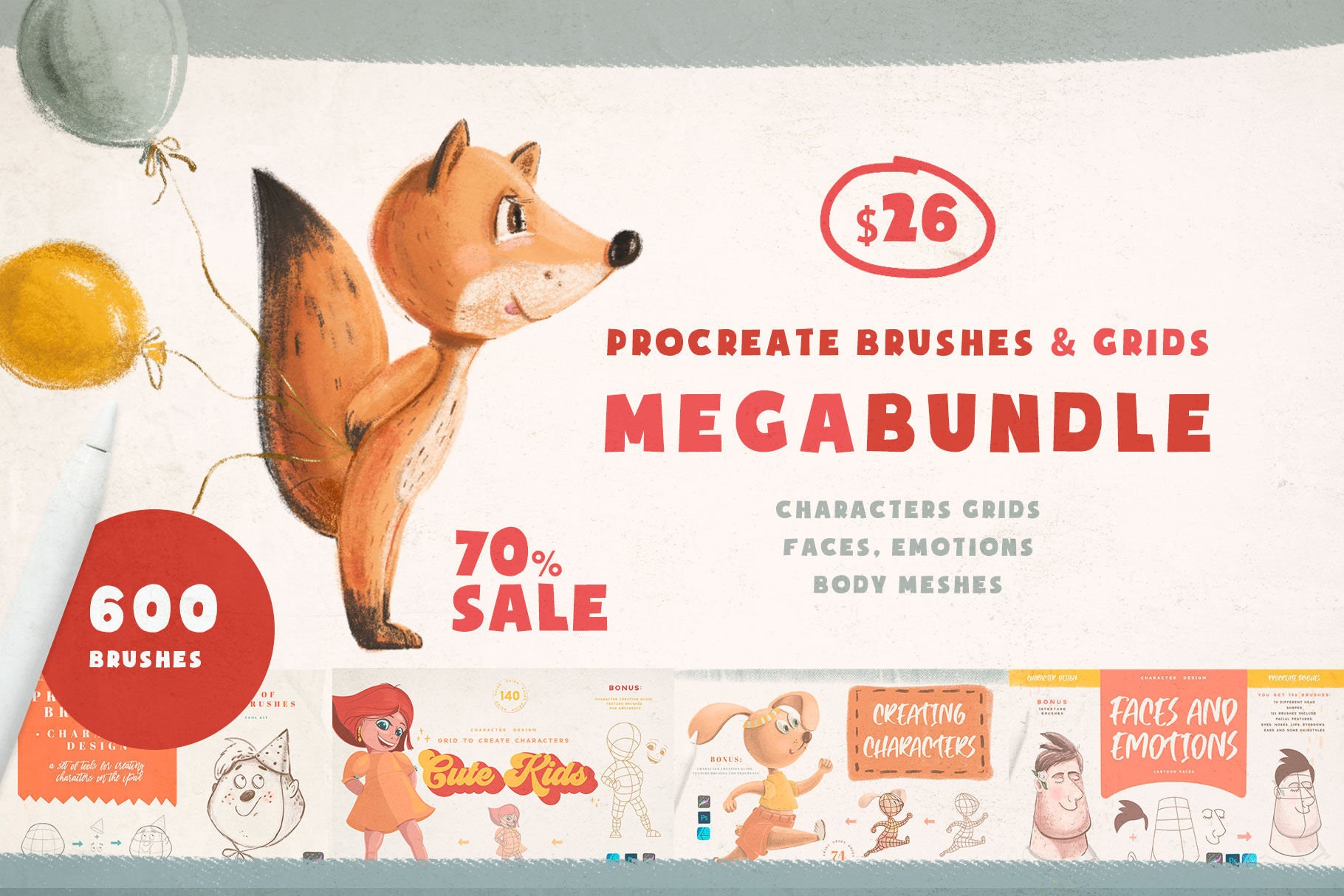 Megabundle Sellos de personajes y pinceles de textura para Procreate – Kit de niños tiernos, animales, rostros y emociones