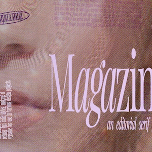 Può includere: Un design di font rosa e bianco chiamato "Magazine" con il tag line "un font serif editoriale".