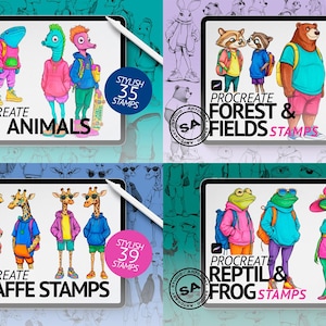May include: Digital art stamps for Procreate featuring stylized animal characters. The set includes Sea Animals, Forest & Fields, Giraffe Stamps, and Reptile & Frog Stamps. Each set has a different number of stamps, ranging from 35 to 150.