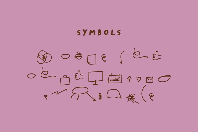 May include: A collection of hand-drawn symbols, including a coffee cup, a thumbs up, a calendar, a heart, a star, and a speech bubble. The symbols are drawn in brown ink on a pink background. The text "SYMBOLS" is written at the top of the image.