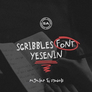 May include: A black and white image featuring the words "SCRIBLES FONT YESENIN" in a handwritten style. The word "FONT" is circled in red. The text "regular & symbols" is also visible. The image has a vintage, artistic feel.