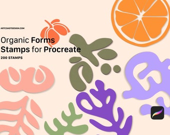Puede incluir: Un conjunto de 200 sellos digitales para Procreate con formas orgánicas en varios colores, incluyendo verde, morado, rosa y naranja. Los sellos están diseñados para agregar un toque único y moderno al arte digital.