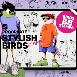 May include: Procreate Stylish Birds Stamps, a digital art product featuring 88 stamps of colorful, cartoon birds in various poses and styles. The stamps are designed for use in the Procreate app.