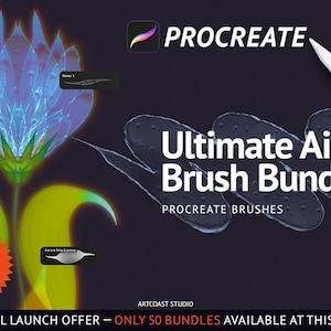 May include: Digital art advertisement for Procreate's Ultimate Air Brush Bundle. The image features a stylized blue and green flower, brushstroke-like shapes, and a white stylus. Text includes "Ultimate Air Brush Bundle" and "Air and Water".
