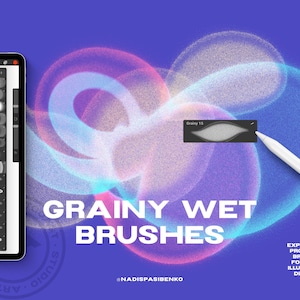 Könnte beinhalten: Eine digitale Illustration eines Sets von 22 Procreate-Pinseln für Lettering, Illustrationen und Zeichnen. Die Pinsel sind so konzipiert, dass sie einen körnigen, feuchten Effekt erzeugen. Das Bild zeigt einen digitalen Tablet-Bildschirm, auf dem die Pinselbibliothek, ein Stift und ein Hintergrund aus überlappenden Kreisen mit einer körnigen Textur angezeigt werden.