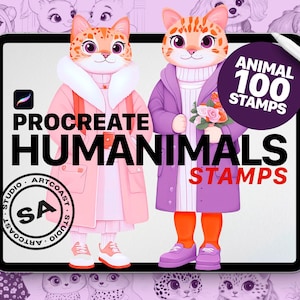 Könnte beinhalten: Eine digitale Illustration von 100 Procreate-Stempeln mit humanisierten Tieren. Die Stempel sind für die Verwendung in der Procreate-App konzipiert. Das Bild zeigt eine pinkfarbene und violette humanisierte Katze mit einem Blumenstrauß. Der Text "ANIMAL 100 STAMPS" befindet sich in einem Kreis auf dem Bild. Der Text "PROCREATE HUMAN ANIMALS STAMPS" befindet sich in einem Banner auf dem Bild.