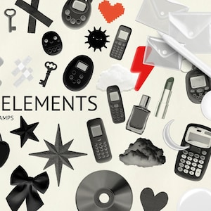 May include: A collection of Y2K-themed Procreate stamps in black, white, and gray. Includes a camera, cell phones, a cassette tape, a CD, a heart-shaped lock, bows, stars, keys, a lipstick, a perfume bottle, and a lightning bolt.