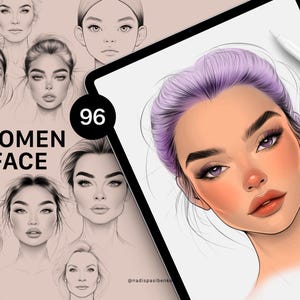 96 Procreate Women Face Stamps: Tattoo & Coloring Design (Digital Download)