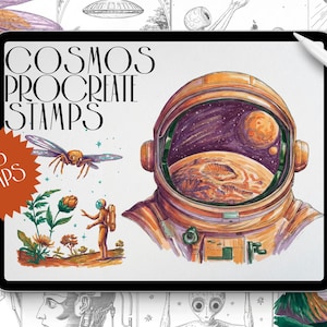 May include: A digital art illustration of a tablet displaying the words "COSMOS PROCREATE STAMPS" with an astronaut helmet, planets, and insects. A sticker reads "105 STAMPS". The image has a space theme with a white stylus and other illustrations.