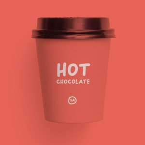May include: A red to-go cup with a brown lid. The cup has white text that says "HOT CHOCOLATE" and a small white circle with the letters "SA" inside.