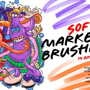 Op de afbeelding: Een digitale illustratie van kleurrijke cartoonfiguren met de tekst "SOFT MARKER BRUSHES 14 BRUSHES" en een beschrijving van de kwasten die een breed scala aan texturen en effecten bieden, van fijne details tot levendige kleuren, waardoor kunstenaars in staat zijn om boeiende digitale kunstwerken moeiteloos te creëren.