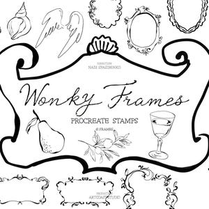 May include: A collection of black and white digital line art illustrations featuring various decorative frames, a seashell, angel wings, a pear, a sprig of olives, and a glass. The central text reads Wonky Frames Procreate Stamps.