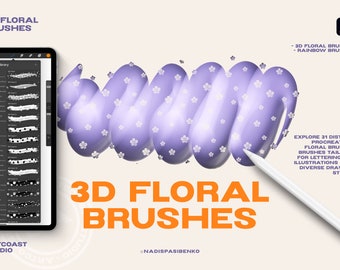Könnte beinhalten: 3D-Blumenpinsel für Procreate, eine digitale Kunst-App. Das Bild zeigt einen violetten 3D-Blumenpinselstrich mit weißen Blüten, einen Stift und einen Tablet-Bildschirm, auf dem eine Pinselbibliothek angezeigt wird. Der Text "3D Floral Brushes" wird in Orange angezeigt.