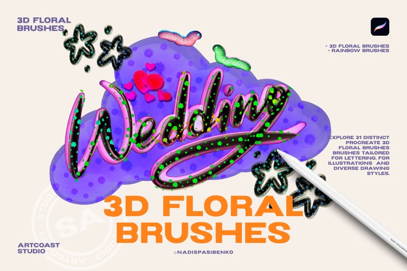 Procreate 3D Bubble Text Effect Floral Brushes | Clipart & Drawing Tools | Digital Download - Procreate Kit
