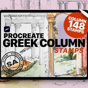 Może przedstawiać: Cyfrowa ilustracja 148 stempli z kolumnami greckimi Procreate. Obraz przedstawia ekran tabletu, na którym wyświetlane są różne wzory kolumn greckich. Na ekranie wyświetlany jest tekst "Procreate Greek Column Stamps". Tekst "Column 148 Stamps" jest wyświetlany w czerwonym kółku.