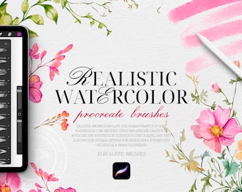 May include: A digital illustration of 30 realistic watercolor brushes for Procreate. The image shows a tablet screen displaying the brushes, along with a pink watercolor wash and floral elements.