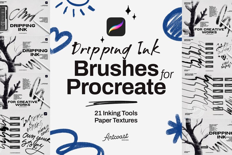Dripping Ink Brushes for Procreate – 21 Inking Tools + Paper Textures ...