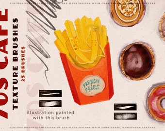 Könnte beinhalten: Ein Set mit 25 digitalen Pinseln, inspiriert von 70er-Jahre-Café-Illustrationen. Die Pinsel wurden entwickelt, um einen Vintage-Look mit Textur, zerrissenen Kanten und Zeitungsstruktur zu erzeugen. Das Bild zeigt eine Schachtel Pommes Frites, Donuts und ein Schokoladengebäck, die alle mit den Pinseln gemalt wurden.