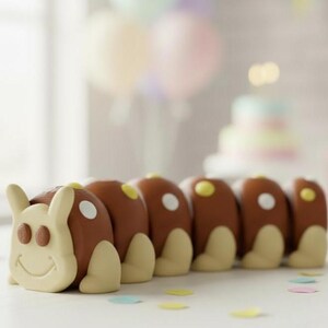 May include: A brown and cream-colored caterpillar-shaped toy with a smiling face and white spots. The toy has a segmented body and is likely a children's toy or a decorative item for a birthday celebration. Balloons and a cake are in the background.