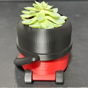 May include: A 3D-printed succulent planter in the shape of a cartoon character. The planter is red with black accents, including a circular rim and handle. The succulent has light green leaves.
