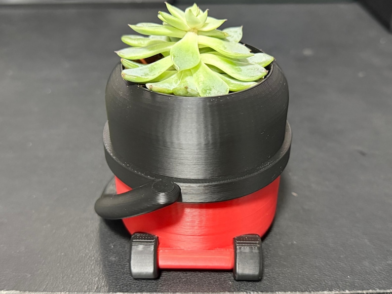 May include: A 3D-printed succulent planter in the shape of a cartoon character. The planter is red with black accents, including a circular rim and handle. The succulent has light green leaves.