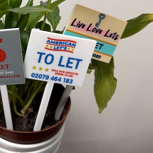 May include: A potted plant with three small signs that read "To Let". One sign has a large red "S" and a phone number. Another sign says "American Let's" and has a phone number. The third sign says "Live Love Lets".