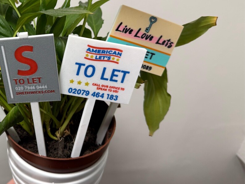May include: A potted plant with three small signs that read "To Let". One sign has a large red "S" and a phone number. Another sign says "American Let's" and has a phone number. The third sign says "Live Love Lets".