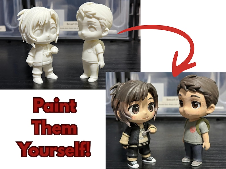 May include: Two unpainted chibi-style figurines of a boy and a girl, and two painted figurines of the same characters. The painted figurines have brown hair and are wearing casual clothes. The text "Paint Them Yourself!" is in the image.