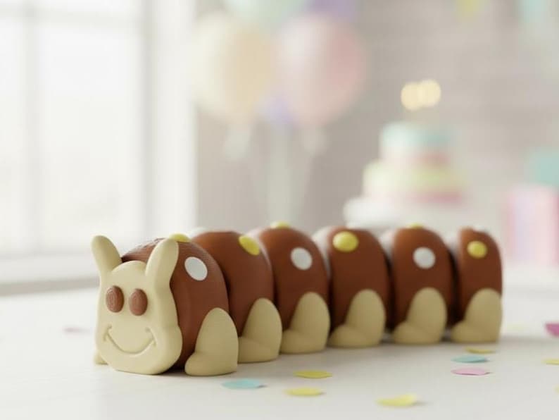 May include: A brown and cream-colored caterpillar-shaped toy with a smiling face and white spots. The toy has a segmented body and is likely a children's toy or a decorative item for a birthday celebration. Balloons and a cake are in the background.