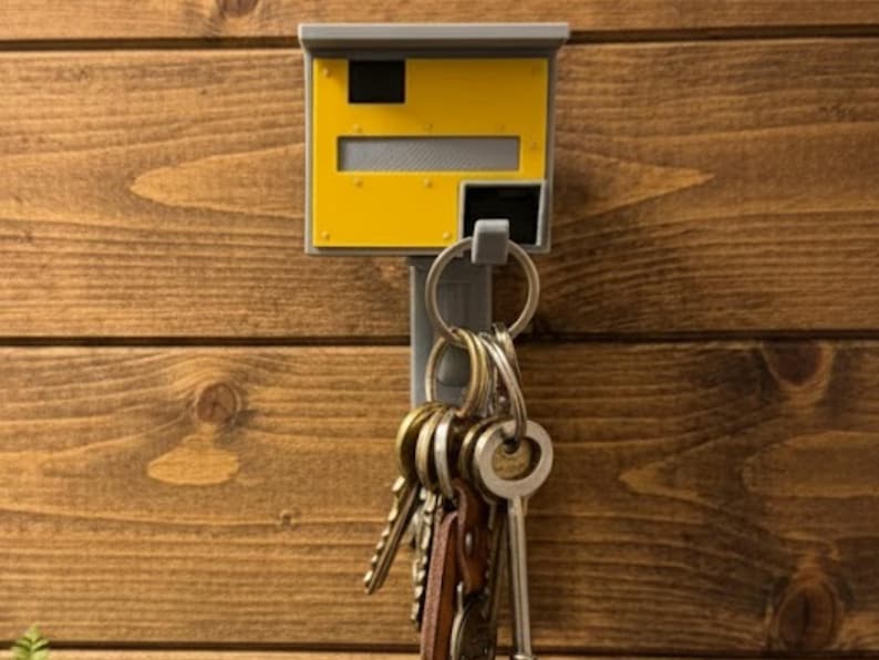 K&ouml;nnte beinhalten: Ein gelb-grauer Schl&uuml;sselhalter in Form eines Blitzers, an einer Holzwand befestigt. Der Schl&uuml;sselhalter hat ein rechteckiges Design mit einem Schlitz f&uuml;r Schl&uuml;ssel und einem Ring, der mehrere Schl&uuml;ssel h&auml;lt.