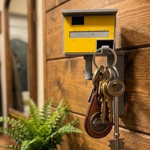 K&ouml;nnte beinhalten: Ein gelb-grauer Schl&uuml;sselhalter in Form eines Blitzers, montiert an einer Holzwand. Eine Sammlung von Schl&uuml;sseln h&auml;ngt an dem Halter, darunter ein Lederanh&auml;nger mit einem Autoemblem. Eine Farnpflanze befindet sich im Vordergrund.