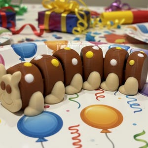 May include: A brown caterpillar-shaped dessert sits on a party plate decorated with balloons and streamers. The caterpillar has white and yellow accents. Other party decorations, including wrapped gifts, are in the background.