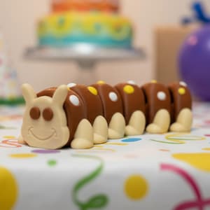 May include: A whimsical, brown caterpillar-shaped cake decoration with white and yellow accents. The smiling caterpillar has a cream-colored face, feet, and antennae. The background includes a birthday cake, party hat, and balloon.