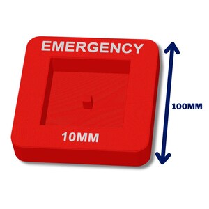 May include: Red plastic emergency button with a 10mm square hole in the center. The button is 100mm tall.
