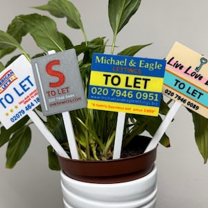 May include: A houseplant with four 'TO LET' signs inserted into the soil. The signs are rectangular with various designs and company names, including "American Let's", "S", "Michael & Eagle Lettings", and "Live Love Lets". Each sign displays a phone number.