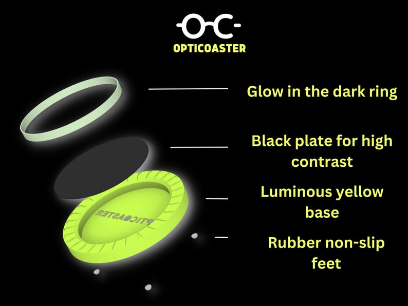 May include: A yellow luminous base with a black plate and a glow-in-the-dark ring. The base has the word "OPTICOASTER" printed on it. The base has four small rubber feet on the bottom.