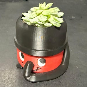 May include: A 3D-printed planter shaped like a cartoon vacuum cleaner, featuring a red body, black accents, and a smiling face. The planter holds a succulent with green and white leaves. A unique and playful home decor item.