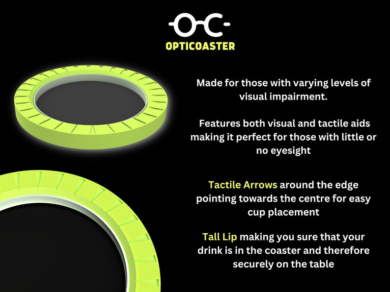 May include: A bright green circular drink coaster with a raised lip and tactile arrows around the edge. The coaster is designed for people with visual impairments. The text "OC- OPTICOASTER" is visible in the top right corner of the image.