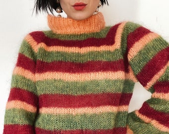 Hand-knitted sweater|unique|one-of-a-kind| knit sweater|Hand made|Vintage wool|Chunky knit| Balloon sleeves| Mohair| Mohair sweater