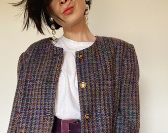 Blazer vintage| Blazer tartan des années 90| Unique| Vérifier| pré-aimé| années 90/80| Surdimensionné| Veste|blazer à carreaux| Blazer en laine| Style Chanel