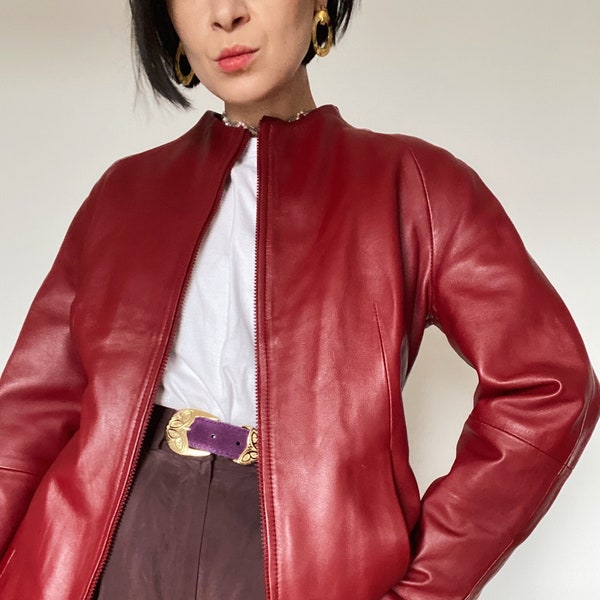 veste en cuir vintage Y2K années 80| Unique| mode durable | années 90| Cuir véritable| veste en cuir rouge