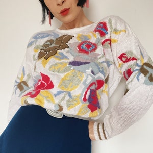 Vintage sweater 90s 80s Unique prelovedSlow fashionVintage knitted sweaterAppliqueEmbroidery floral pattern image 1