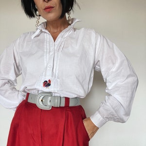 Vintage 90er Folklore Bluse| Bluse mit Stickerei| Dindrl Puffärmeln| Bauerbluse| Unikat| Trachtenbluse| Hahn