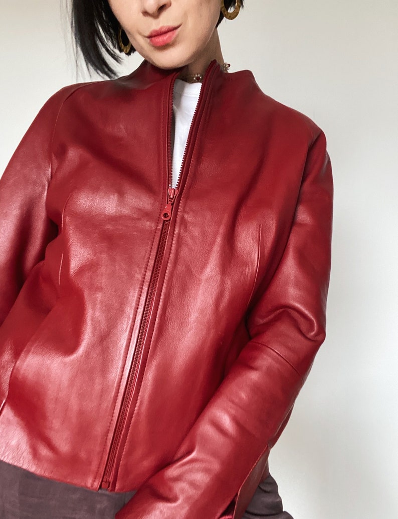 Vintage Y2K leather jacket 80s Unique sustainable fashion 90s Genuine Leather red leather jacket image 2