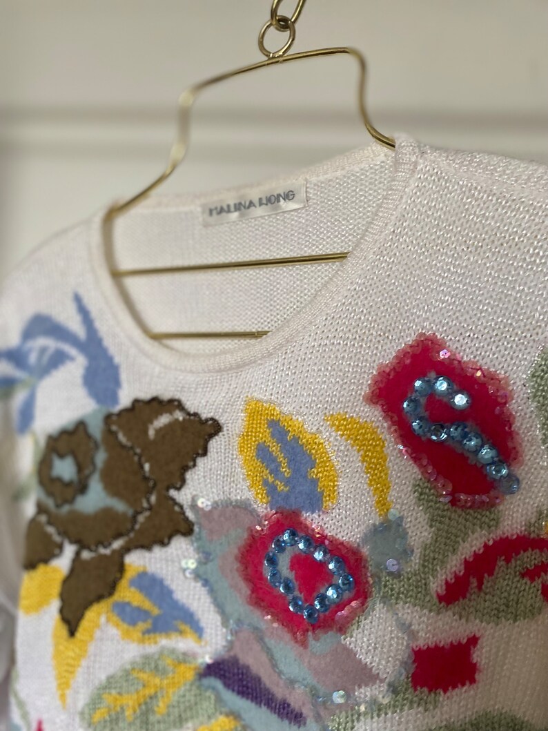 Vintage sweater 90s 80s Unique prelovedSlow fashionVintage knitted sweaterAppliqueEmbroidery floral pattern image 10